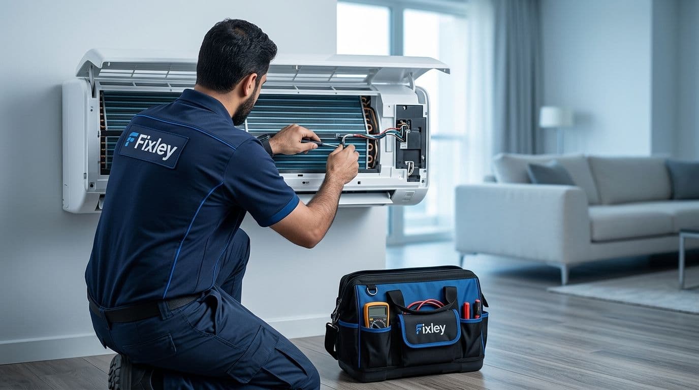 Fixley technician repairing a wall-mounted split AC unit