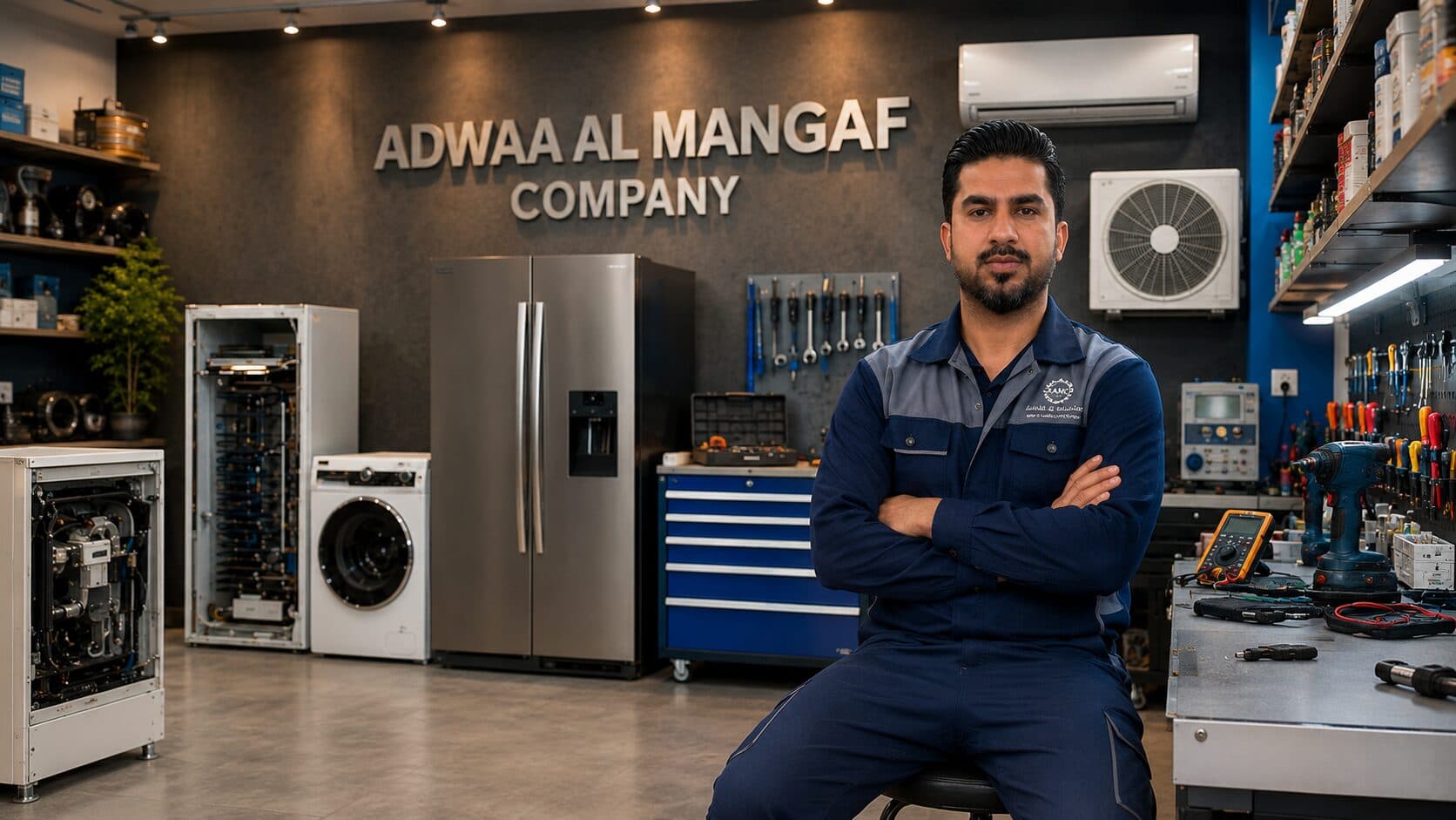 Mohammad Khalid, founder of Adwaa Al Mangaf Company, in the appliance repair workshop in Kuwait